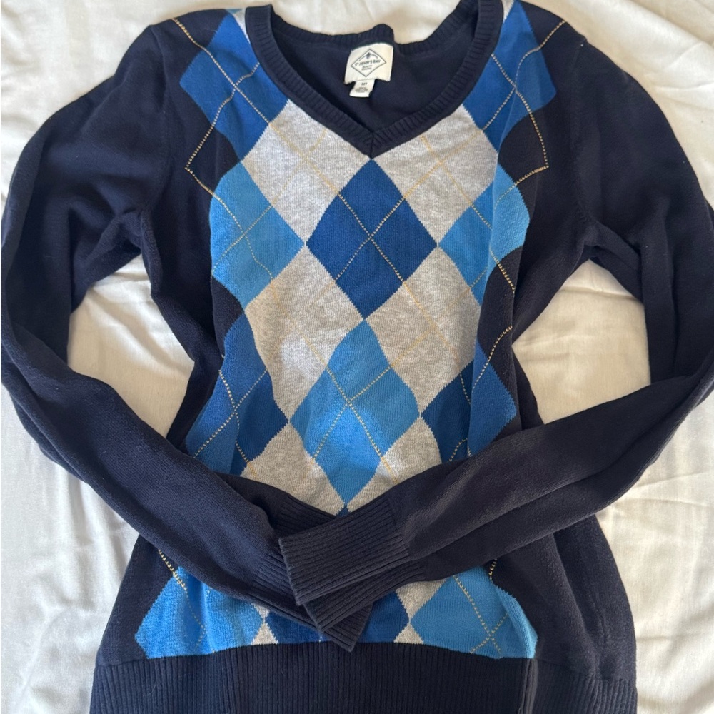 St. John's Bay Blue and Gray Argyle V-Neck Sweater